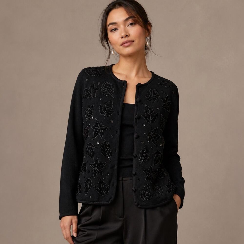 Vintage 90s Marissa Christina Black Beaded Wool Cardigan Sweater Small